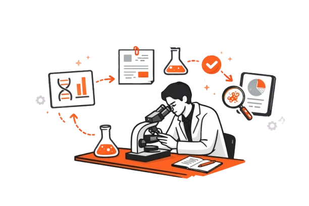 Researcher at a microscope surrounded by data and analysis icons